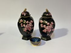 A pair of Carlton Ware Stroke on Trent baluster shaped vases on a black background with cherry