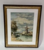 John Hamilton Glass (Scottish 1890-1925), A Dutch riverbank scene with a windmill and people to