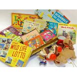 A quantity of vintage board games and toys comprising Scrabble, Ludo, Spear's Wild Life Lotto,