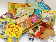 A quantity of vintage board games and toys comprising Scrabble, Ludo, Spear's Wild Life Lotto,