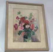 Joyce Johnston, Study of poppies in a vase, watercolour, signed bottom left, framed. (28.5cmx22cm)