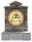 A slate and marble mantle clock with American Ansonia movement, the dial with enamelled chapter