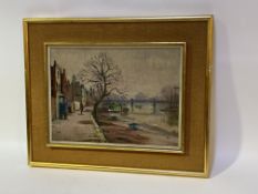 Unknown artist, City riverbank scene, acrylic on board, signed indistinctly, framed. (29cmx39cm)