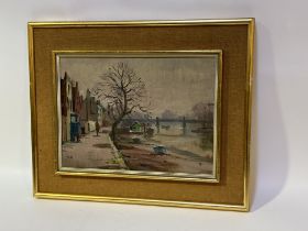 Unknown artist, City riverbank scene, acrylic on board, signed indistinctly, framed. (29cmx39cm)