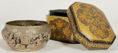 A Kashmiri lacquer tea caddy made by Suffering Moses of Srinagar and decorated with gilt foliate