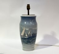 A Royal Copenhagen tall table lamp, body decorated with a seascape scene with sailboats and city
