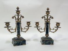 A pair of 19thc French rococo style bronze mounted two branched candle holders on green marble base.