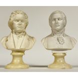 Arnaldo Giannelli, a pair of bonded alabaster busts of Mozart and Beethoven raised on turned