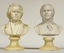 Arnaldo Giannelli, a pair of bonded alabaster busts of Mozart and Beethoven raised on turned