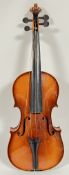 An early twentieth century violin of two-piece back construction with fitted paper-lined case and