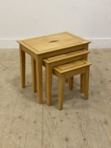 A contemporary inlaid birch nest of three tables. H47cm, W55cm.