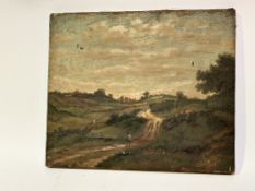 Unknown artist, woodland path landscape with people to background, oil on canvas, unsigned,