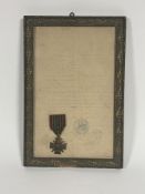 WW1 French Croix Du Guerre reverse 1914-18, on original certificate of award mounted on board.