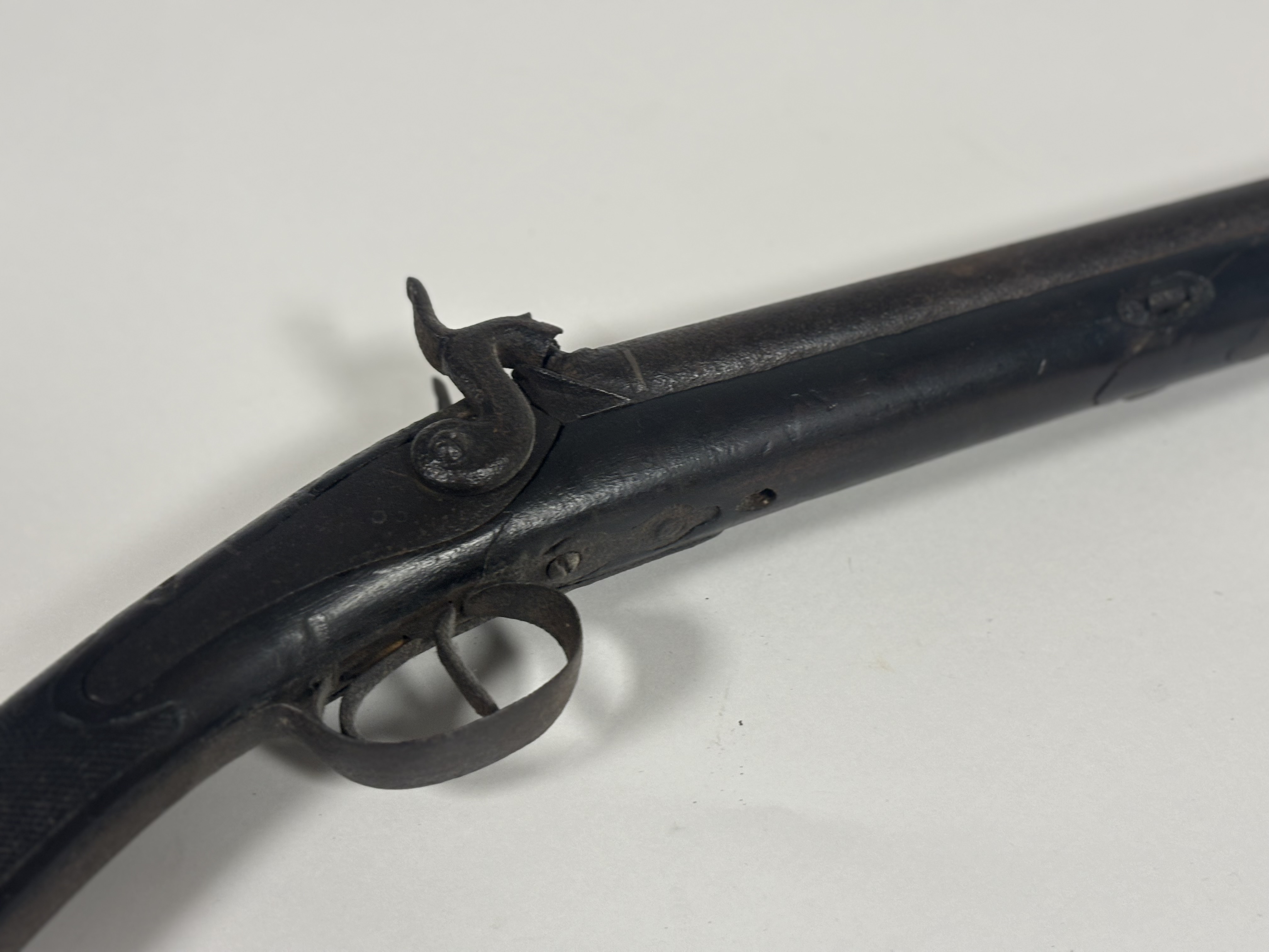 A mid 19thc double barrelled muzzle loading shotgun, twin hammers side by side barrels (87cm), on - Image 2 of 4