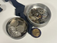 A Boy's Brigade badge and mixed coins.