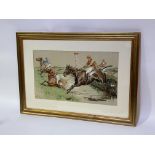 Dorothy Hardy (1869-1937), Jockeys by a riverbank scene, chromolithograph print, framed. (30cmx50cm)