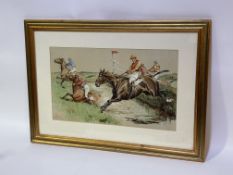 Dorothy Hardy (1869-1937), Jockeys by a riverbank scene, chromolithograph print, framed. (30cmx50cm)