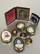 A collection of miniature portraits including a pair of two young boys on paper in circular brass