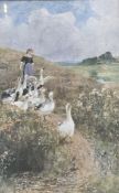 Henry John Yeed King (British 1855-1924), A Woman walking behind a gaggle of geese, print, in a gilt