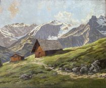 R. Wagner, An alpine mountain view with huts to back ground, mixed media on board, signed bottom