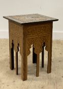 A Middle Eastern / North African occasional table, early 20th century, the square top raised on