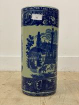 A Victorian style blue and white ceramic stick stand of cylindrical outline. H46cm.