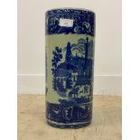 A Victorian style blue and white ceramic stick stand of cylindrical outline. H46cm.