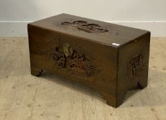 A Chinese style carved camphor wood blanket box H37cm, W70cm, D35cm.
