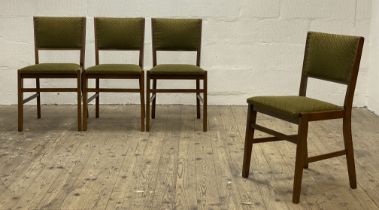 A set of four stained beech dining chairs, upholstered in synthetic green chenille fabric, and