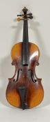 An early twentieth century violin of two-piece back construction with baize-lined fitted case (