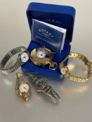 A collection of six various ladys white and yellow metal wristwatches to include a Sekonda, Seiko