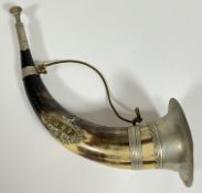 A white metal mounted hunting horn with 'A.O.F' stag's head crest (w- 38cm)