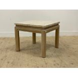 A contemporary limed oak lamp table with travertine top. H60cm, 70cm x 70cm.