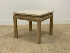 A contemporary limed oak lamp table with travertine top. H60cm, 70cm x 70cm.