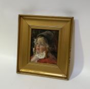 Unknown artist, Study of a 19thc child's profile wearing ribbons and red coat, acrylic, framed. (