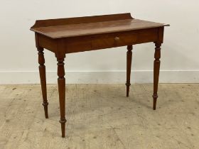 A Victorian stained wood console table, with ledge back over frieze drawer, raised on turned