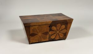 A large specimen wood inlaid tea caddy, second quarter of the 19th century, of sarcophagus form, the