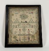 An 18th century needlework sampler commemorating Charles II, worked in polychrome threads with an