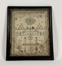 An 18th century needlework sampler commemorating Charles II, worked in polychrome threads with an