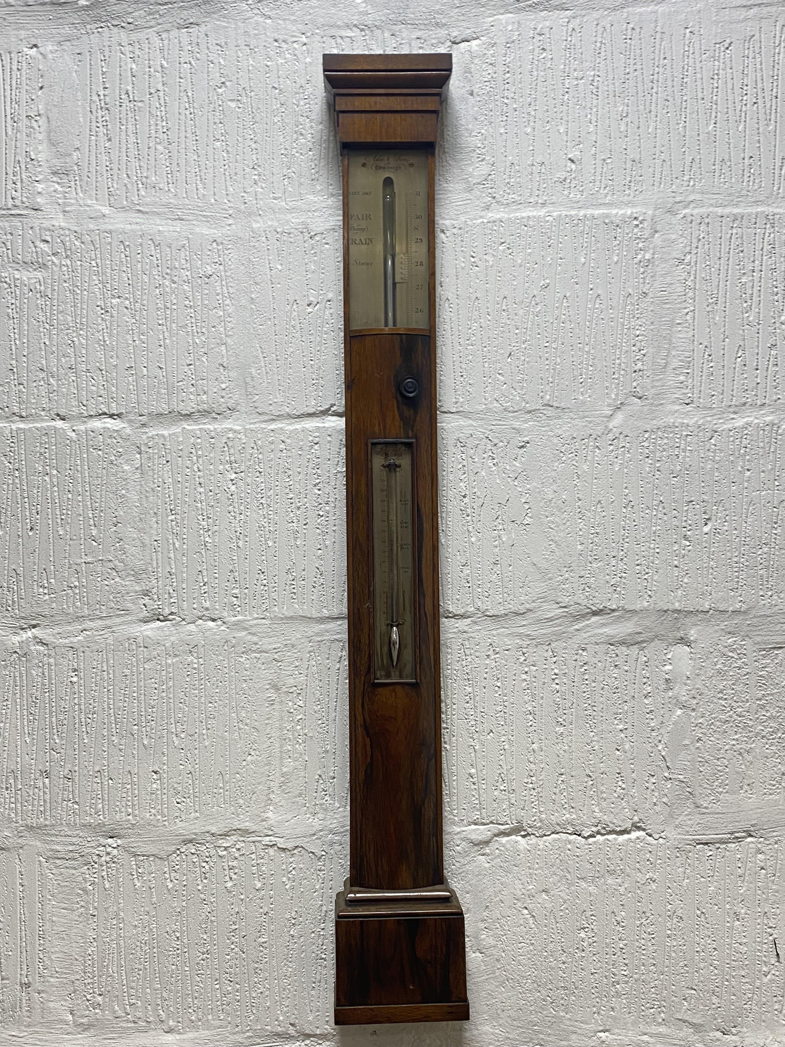 A Regency rosewood cased stick barometer by Adie & Son, Edinburgh, the projecting cornice above a