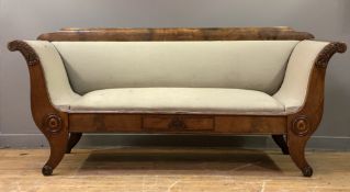 A 19th century Biedermeier mahogany scroll arm sofa, the moulded crest rail above back, arms, and
