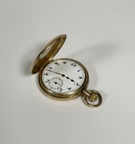 A 9ct gold half-hunter pocket watch, the outer case with enamelled Arabic numerals, the white enamel