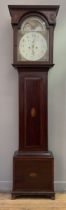 A George III mahogany longcase clock, the dentil cornice above box and tulipwood urn inlay, the case