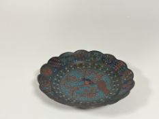 A Japanese doro enamel cloisonne dish, late Edo / early Meiji period, with scalloped rim, the