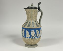 A Villeroy & Boch Mettlach pewter-mounted stoneware flagon, late 19th century, sprigged with a