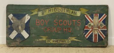 An early 20th century pine trestle table top, hand-painted and reading '8th Midlothian Boy Scouts