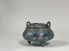 A Japanese cloisonne enamel koro or censer, early Meiji period, decorated with stylised lotus