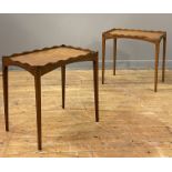 A pair of Edwardian satinwood end tables, each with a scalloped gallery border having cross band and