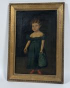 19th Century Naive School, Portrait of a Young Girl, full length, standing holding an apple in her