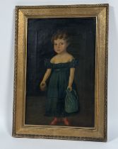 19th Century Naive School, Portrait of a Young Girl, full length, standing holding an apple in her